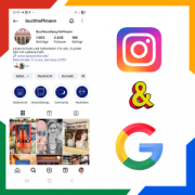 Logo von Instagram und Google mit Abbildung einer Instrgam Seiet einer Buchhandlung